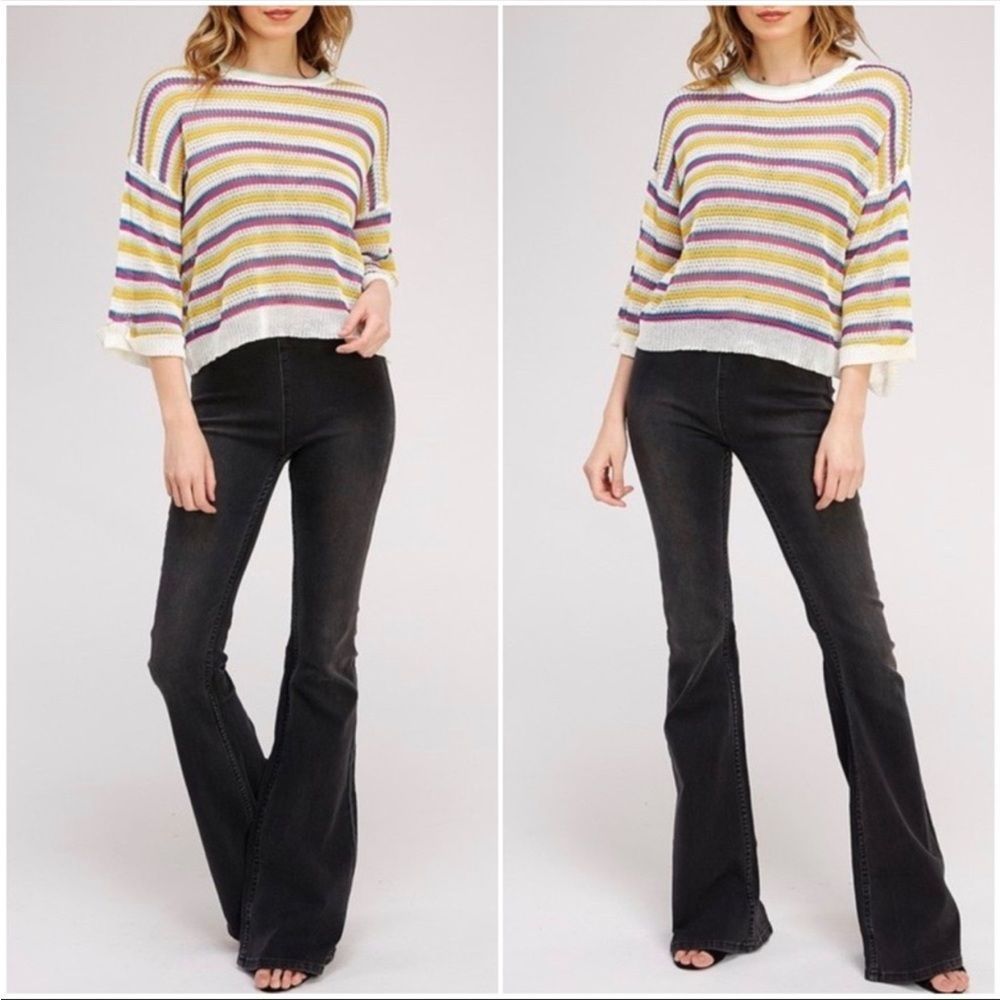 Black Vintage Washed Pull On Bell Bottom Flare Jeans with Raw Frayed Hem - Picture 4 of 5
